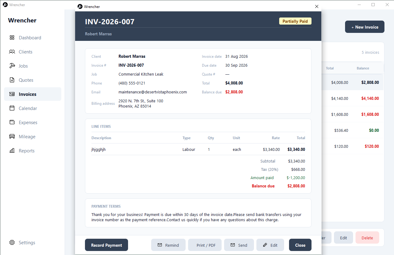 Invoice detail in Wrencher