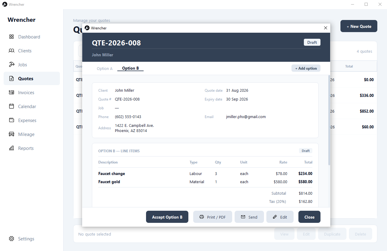 Multi-option quote